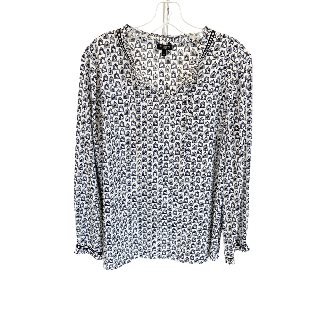 Talbots Petites Blouse Navy Blue White Birdcage Print Ruffle Trim - Size XLP